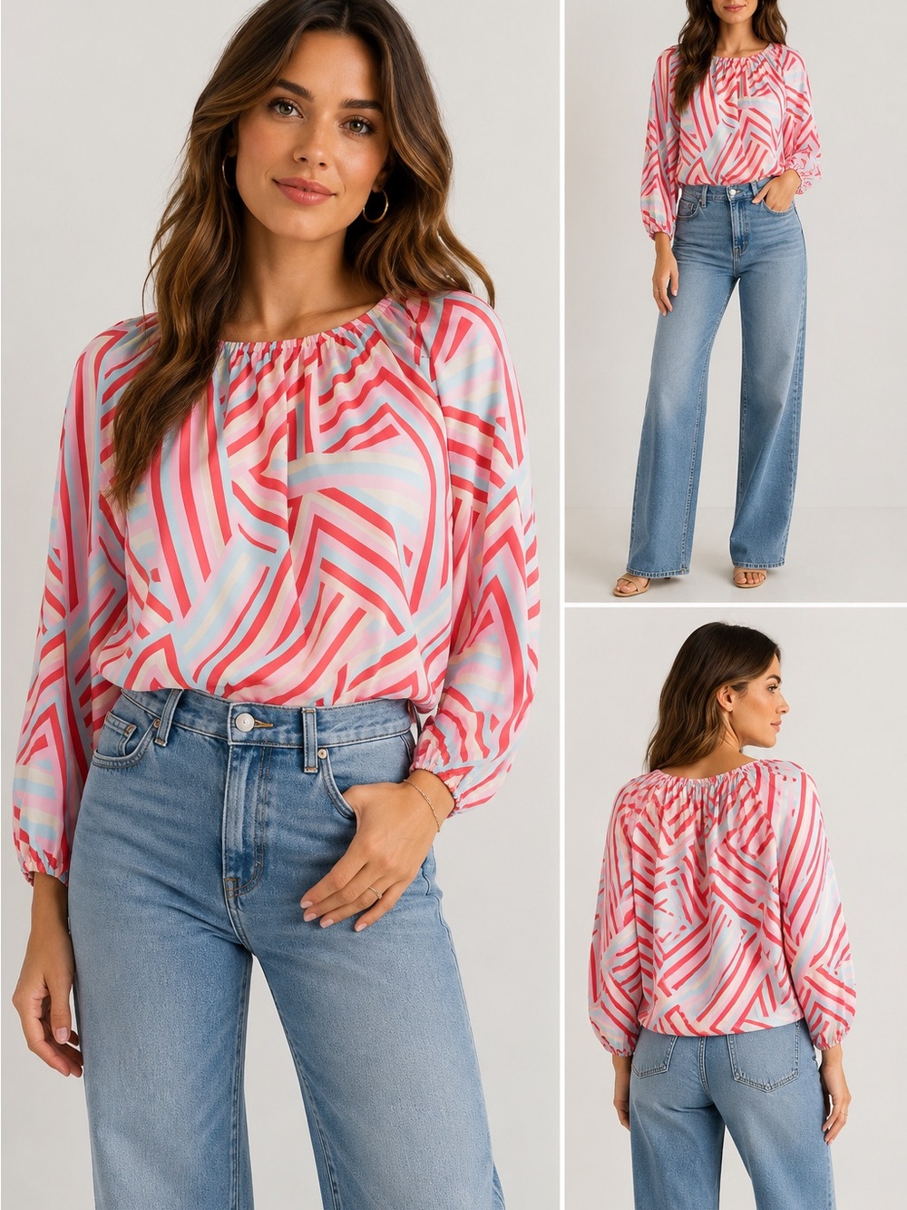 Geo-Stripe Long-Sleeve  Blouse